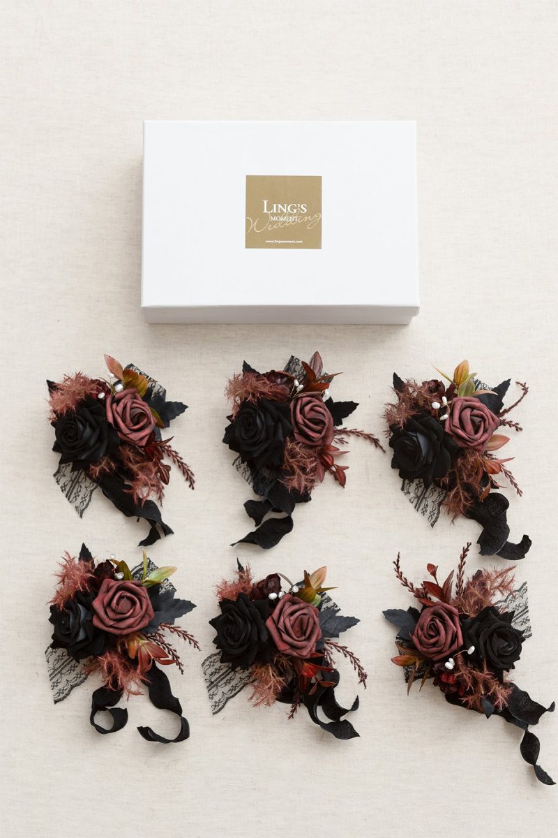 Wrist Corsages in Moody Burgundy & Black - Image 5