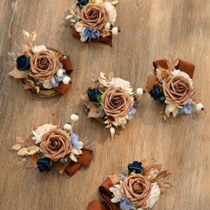 Wrist Corsages in Russet Orange & Denim Blue