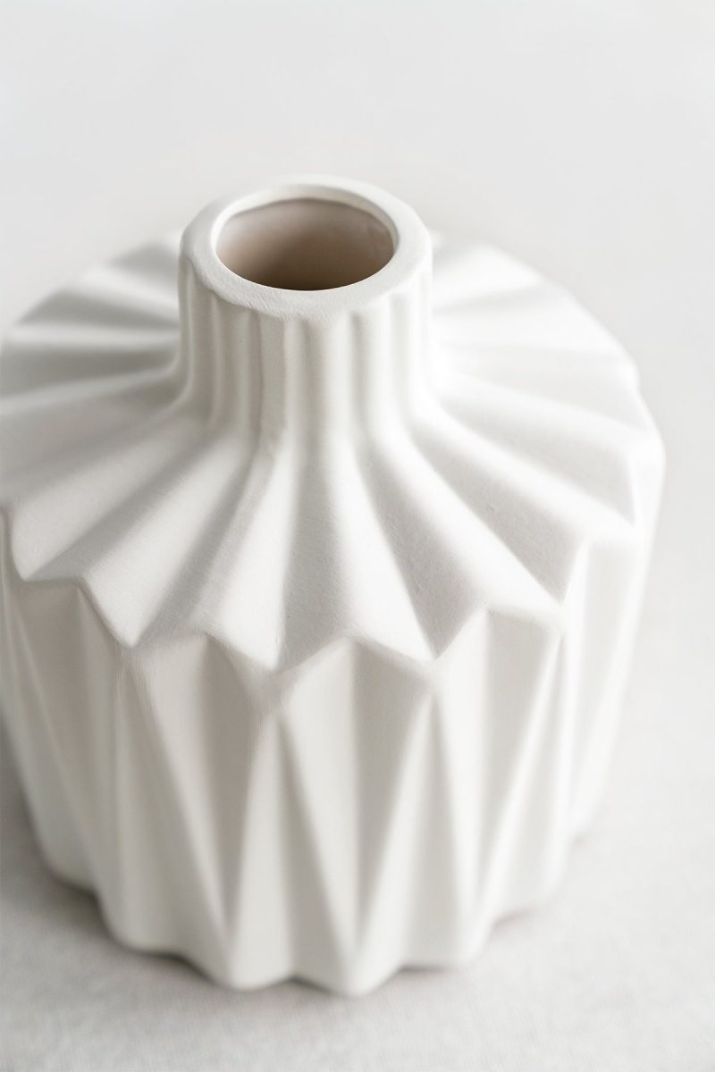 White Ceramic Vase With Folded Grain in White & Sage - Image 3