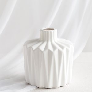 White Ceramic Vase With Folded Grain in White & Sage