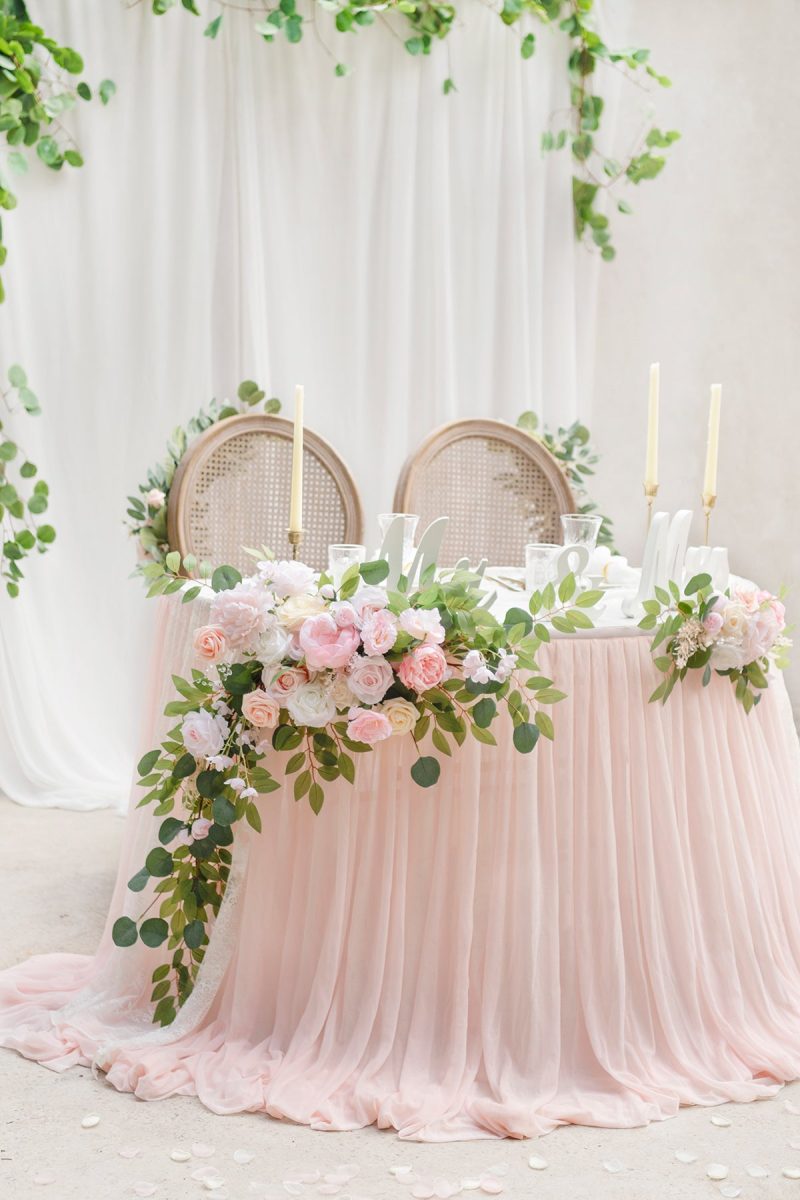 Extra Long Pooling Table Skirt in Blush & White - Image 2