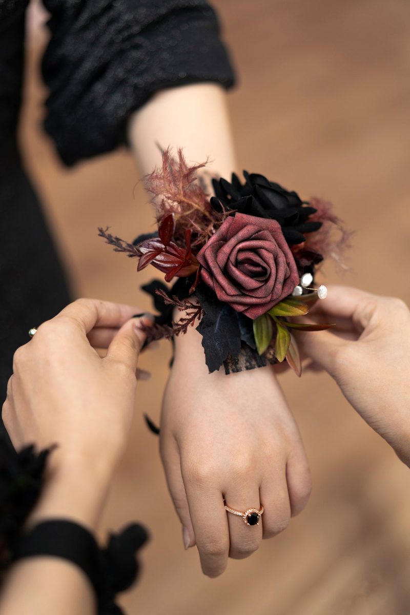 Wrist Corsages in Moody Burgundy & Black - Image 4