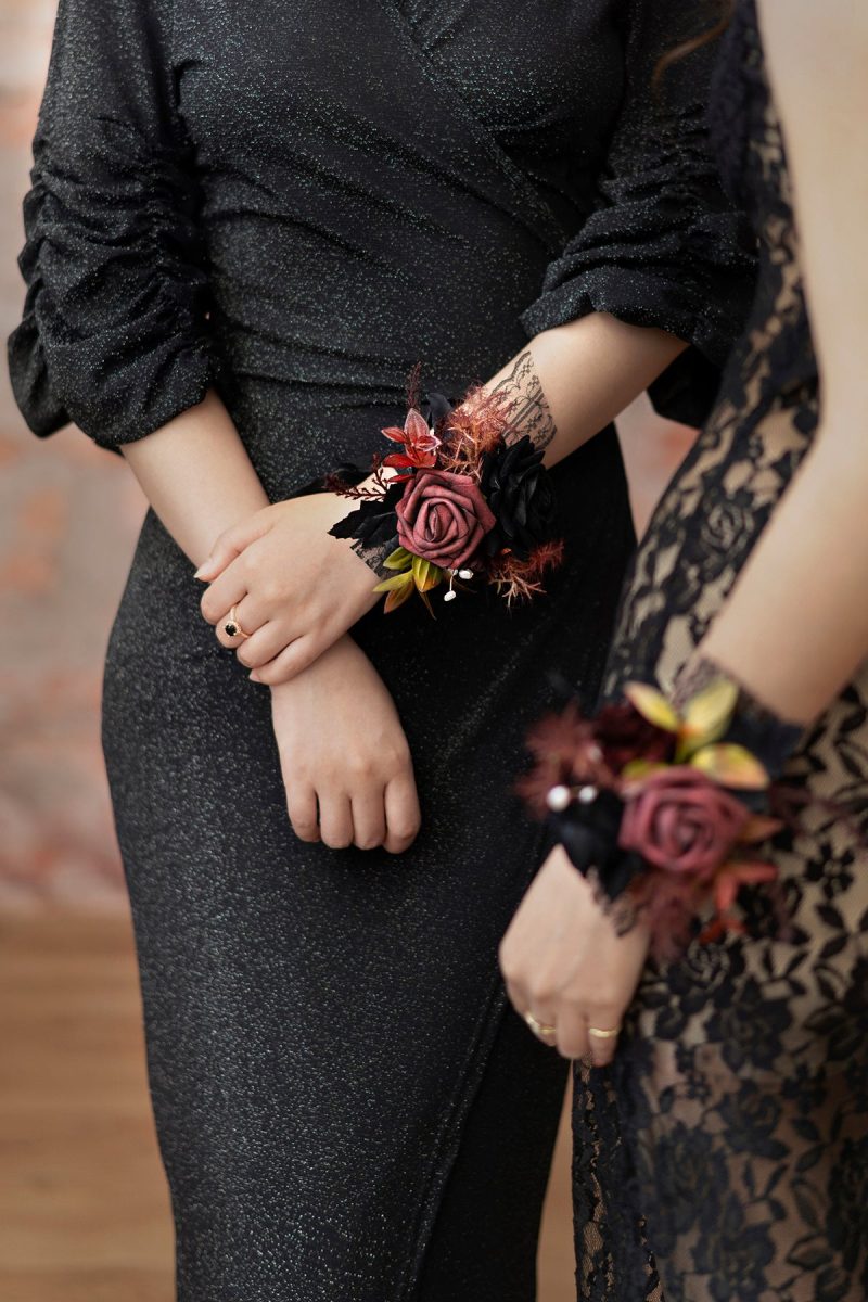 Wrist Corsages in Moody Burgundy & Black - Image 2
