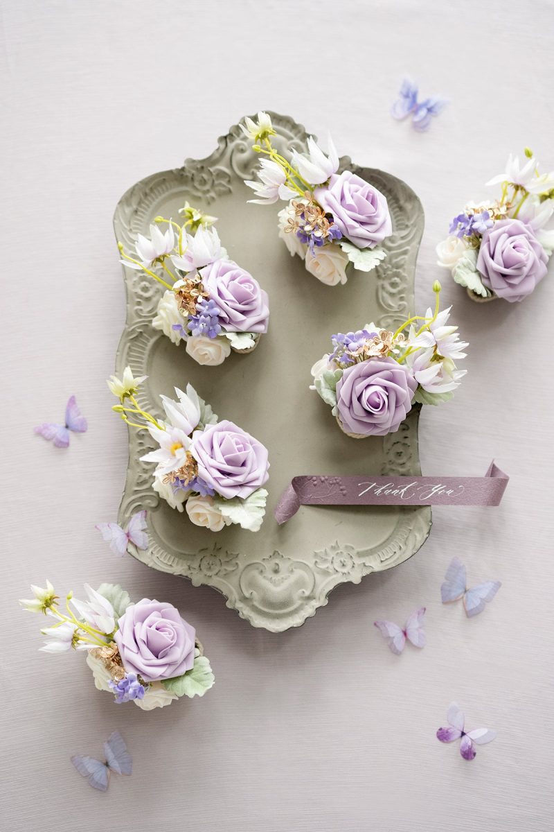 Wrist Corsages in Lilac & Gold